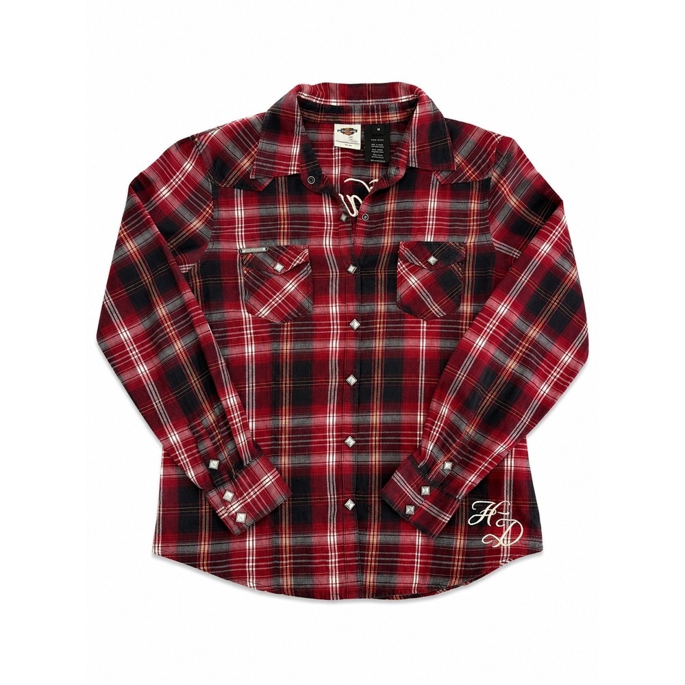 Harley-Davidson Womens Red Plaid Flannel Snap Front Shirt Medium Embroidered